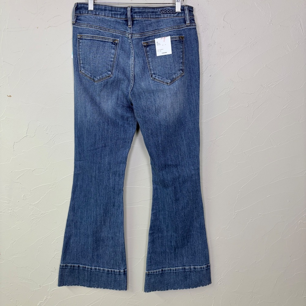 NWT Vigoss Marley Flare Jeans Womens 29 Mid Rise Raw Hem Blue Denim Boho Pintuck - Picture 2 of 12